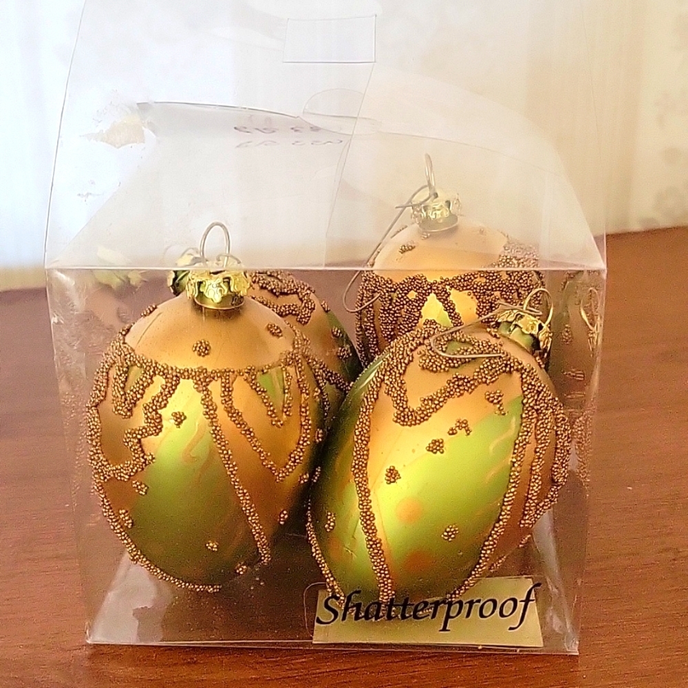 4 Gold & Green Beaded Ornaments